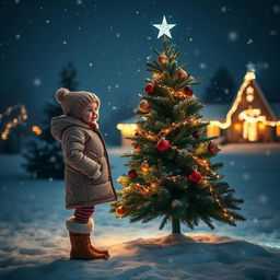 An enchanting outdoor scene featuring a beautifully adorned Christmas tree, decorated with sparkling lights and topped with a shining star, standing in a snowy landscape during nighttime