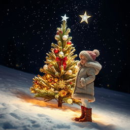 An enchanting outdoor scene featuring a beautifully adorned Christmas tree, decorated with sparkling lights and topped with a shining star, standing in a snowy landscape during nighttime