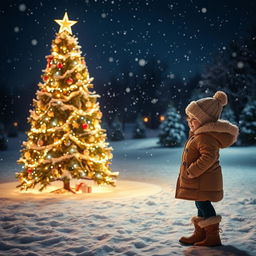 An enchanting outdoor scene featuring a beautifully adorned Christmas tree, decorated with sparkling lights and topped with a shining star, standing in a snowy landscape during nighttime