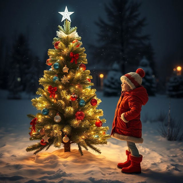 An enchanting outdoor scene featuring a beautifully adorned Christmas tree, decorated with sparkling lights and topped with a shining star, standing in a snowy landscape during nighttime