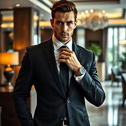 A mysterious man in a sleek suit, holding his necktie with one hand, standing confidently while deliberately keeping his face hidden from view