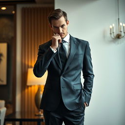 A mysterious man in a sleek suit, holding his necktie with one hand, standing confidently while deliberately keeping his face hidden from view
