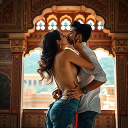 A romantic and sensual scene set in a stunning Rajasthani fort, featuring a captivating college girl inspired by a well-known Indian actress