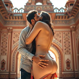 A romantic and sensual scene set in a stunning Rajasthani fort, featuring a captivating college girl inspired by a well-known Indian actress