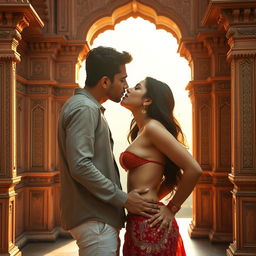 A romantic and sensual scene set in a magnificent Rajasthani fort, featuring a beautiful college girl inspired by a well-known Indian actress