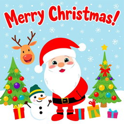 A whimsical and colorful Christmas card designed for children, featuring playful elements such as a cheerful Santa Claus, adorable reindeer, and a snowman with a big smile
