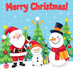 A whimsical and colorful Christmas card designed for children, featuring playful elements such as a cheerful Santa Claus, adorable reindeer, and a snowman with a big smile