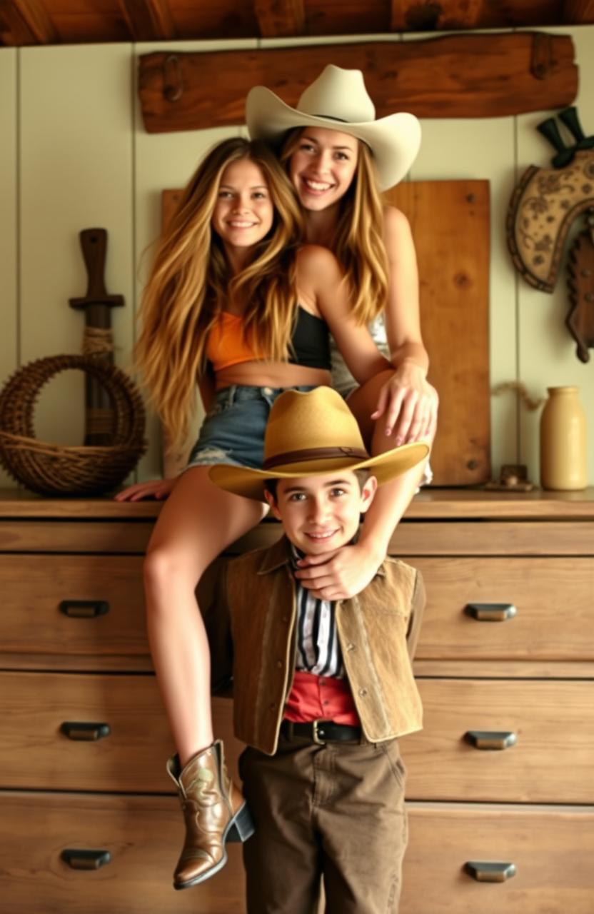 A young woman sitting on a wooden dresser, wearing stylish jean shorts and a casual top