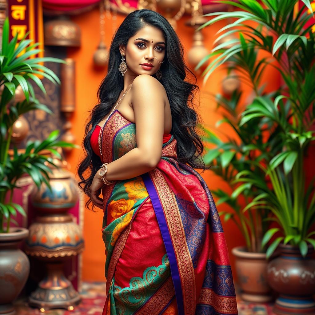 A stunning Indian woman, showcasing her beautiful curves, wearing a colorful saree that accentuates her figure