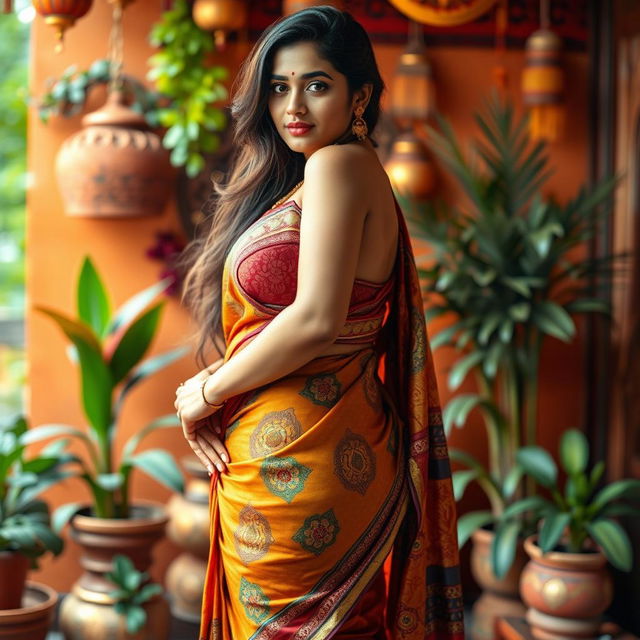 A stunning Indian woman, showcasing her beautiful curves, wearing a colorful saree that accentuates her figure