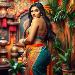 A stunning Indian woman, showcasing her beautiful curves, wearing a colorful saree that accentuates her figure