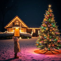 A charming nighttime scene featuring a beautifully lit Christmas tree adorned with colorful lights, standing proudly in a snowy yard