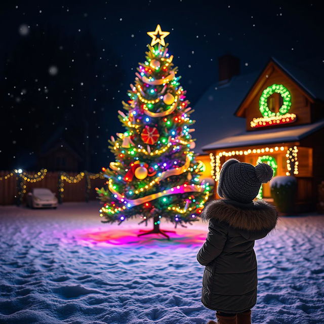 A charming nighttime scene featuring a beautifully lit Christmas tree adorned with colorful lights, standing proudly in a snowy yard