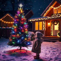 A charming nighttime scene featuring a beautifully lit Christmas tree adorned with colorful lights, standing proudly in a snowy yard