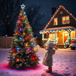A charming nighttime scene featuring a beautifully lit Christmas tree adorned with colorful lights, standing proudly in a snowy yard