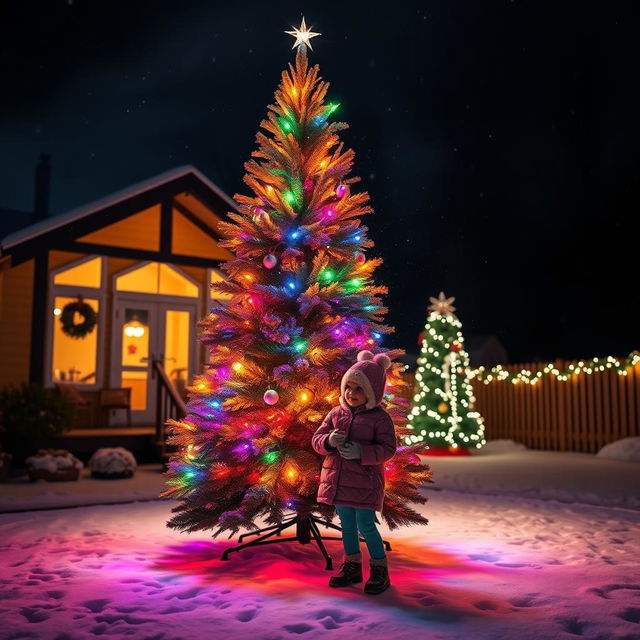 A cozy nighttime scene featuring a beautifully lit Christmas tree adorned with colorful lights, standing in a snowy backyard