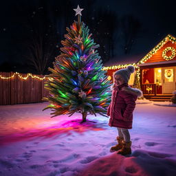 A cozy nighttime scene featuring a beautifully lit Christmas tree adorned with colorful lights, standing in a snowy backyard