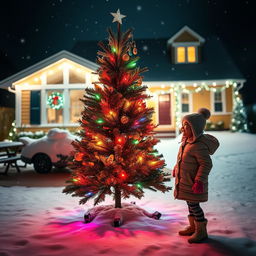 A cozy nighttime scene featuring a beautifully lit Christmas tree adorned with colorful lights, standing in a snowy backyard