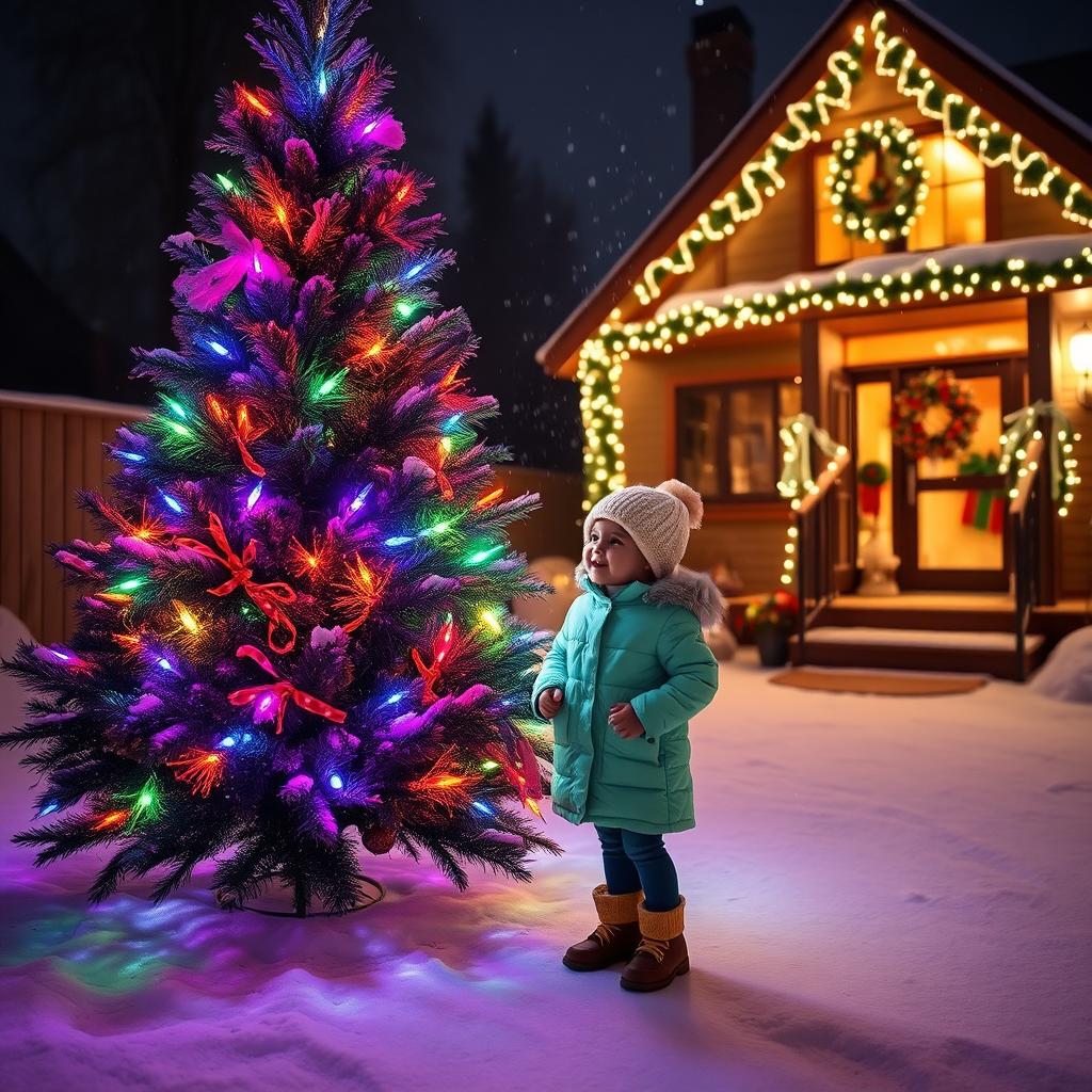 A cozy nighttime scene featuring a beautifully lit Christmas tree adorned with colorful lights, standing in a snowy backyard