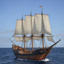 Con técnica al óleo, hacer un galeón Español de madera altamente detallado, con sus filas de cañones en los laterales, con varias velas desplegadas en un mar picado y tormentoso, con cielo lluviosos y con relámpagos