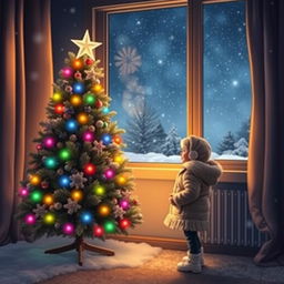 A magical nighttime scene featuring a beautifully lit Christmas tree decorated with colorful lights, standing in a cozy room near a window