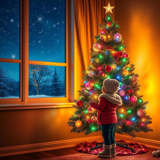 A magical nighttime scene featuring a beautifully lit Christmas tree decorated with colorful lights, standing in a cozy room near a window