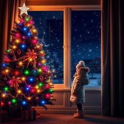 A magical nighttime scene featuring a beautifully lit Christmas tree decorated with colorful lights, standing in a cozy room near a window