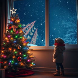 A magical nighttime scene featuring a beautifully lit Christmas tree decorated with colorful lights, standing in a cozy room near a window