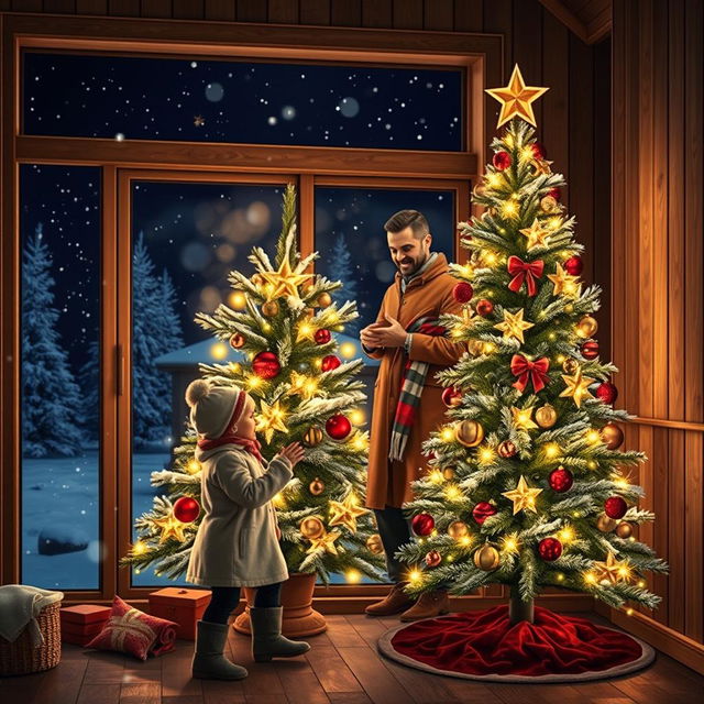 A heartwarming nighttime scene featuring a beautifully adorned Christmas tree with bright lights, set in a cozy wooden interior