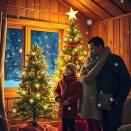 A heartwarming nighttime scene featuring a beautifully adorned Christmas tree with bright lights, set in a cozy wooden interior