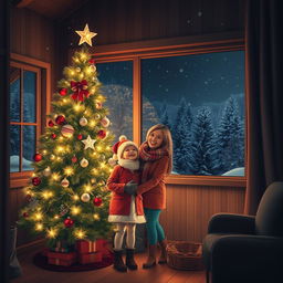 A heartwarming nighttime scene featuring a beautifully adorned Christmas tree with bright lights, set in a cozy wooden interior