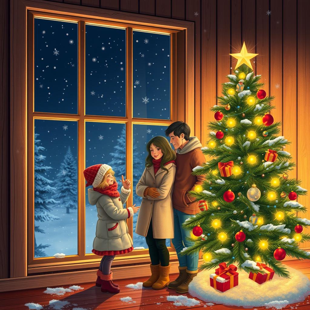 A heartwarming nighttime scene featuring a beautifully adorned Christmas tree with bright lights, set in a cozy wooden interior