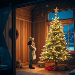 A super realistic nighttime scene showcasing a beautifully decorated Christmas tree with sparkling lights, set in a cozy wooden interior