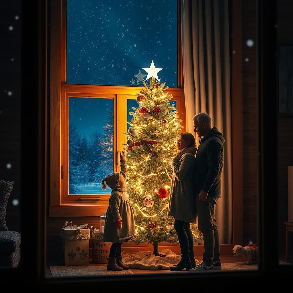 A super realistic nighttime scene showcasing a beautifully decorated Christmas tree with sparkling lights, set in a cozy wooden interior