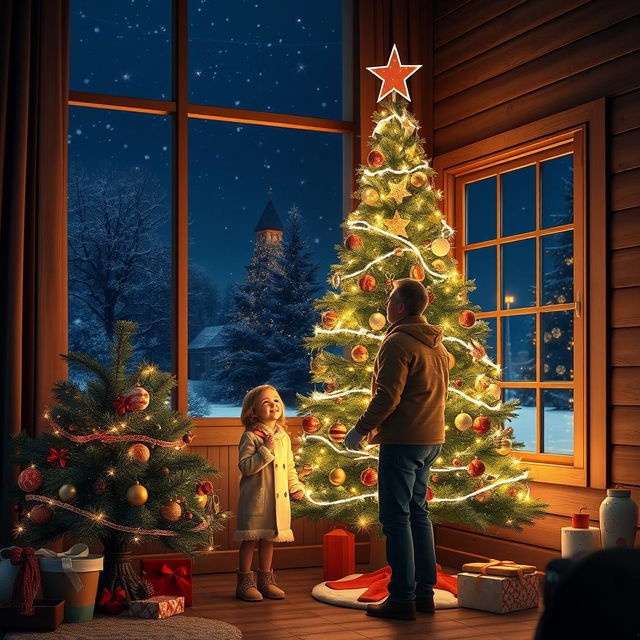 A super realistic nighttime scene showcasing a beautifully decorated Christmas tree with sparkling lights, set in a cozy wooden interior