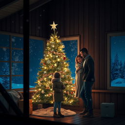 A super realistic nighttime scene showcasing a beautifully decorated Christmas tree with sparkling lights, set in a cozy wooden interior