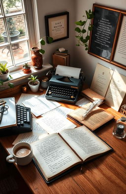 A beautifully organized workspace showcasing a writer's desk filled with creative materials