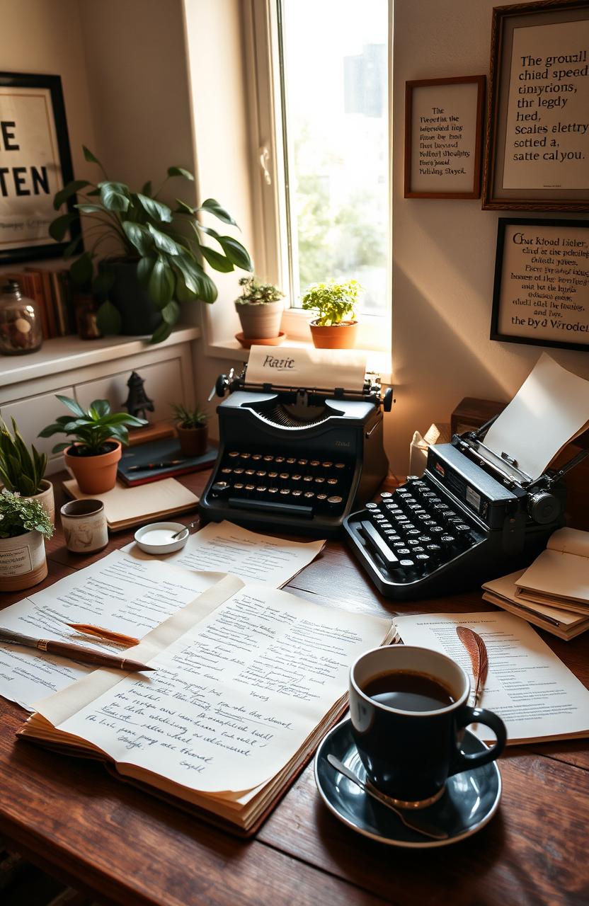 A beautifully organized workspace showcasing a writer's desk filled with creative materials