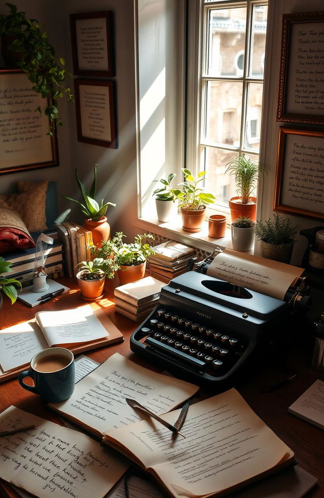 A beautifully organized workspace showcasing a writer's desk filled with creative materials