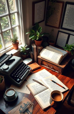 A beautifully organized workspace showcasing a writer's desk filled with creative materials