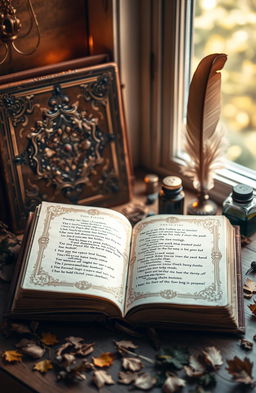 An artistic representation of a finished poem, elegantly displayed in a vintage, beautifully adorned book with intricate detailing on the cover