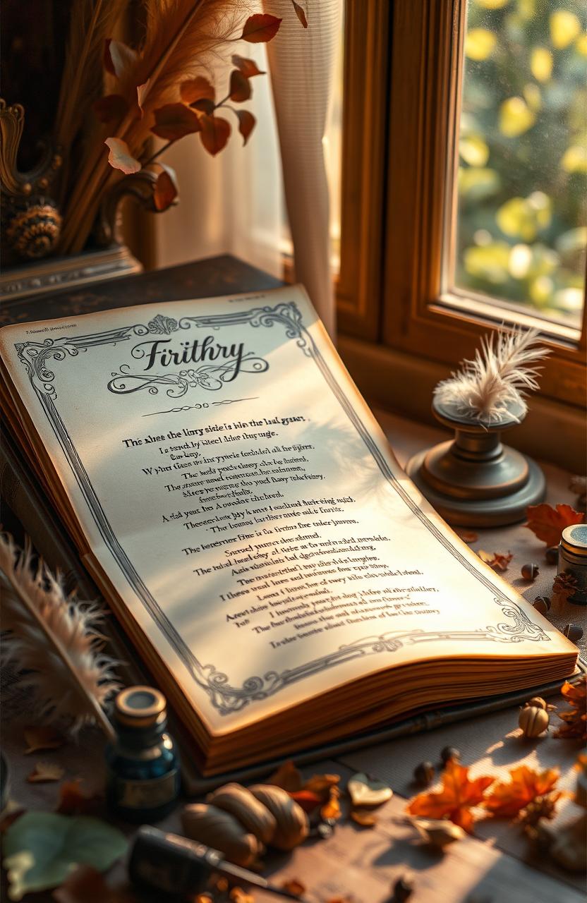 An artistic representation of a finished poem, elegantly displayed in a vintage, beautifully adorned book with intricate detailing on the cover