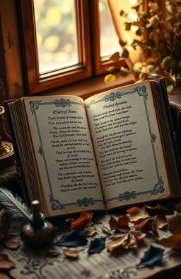 An artistic representation of a finished poem, elegantly displayed in a vintage, beautifully adorned book with intricate detailing on the cover