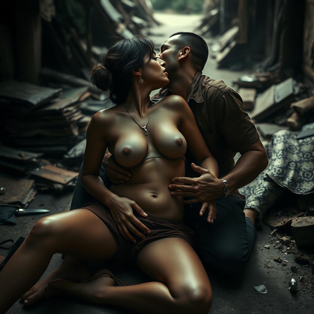 An intimate scene set on the floor of a slum, capturing a captivating woman inspired by a famous Indian actress, portrayed as a sensual figure in a raw and passionate moment