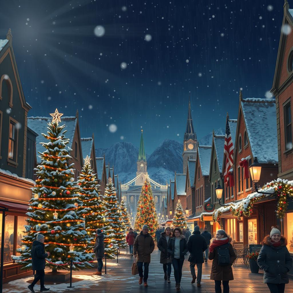 A super realistic depiction of a small city during Christmas time at night, beautifully illuminated by city lights