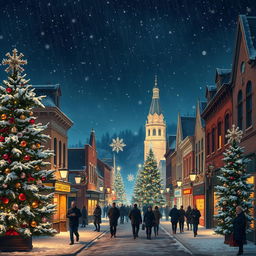 A super realistic depiction of a small city during Christmas time at night, beautifully illuminated by city lights