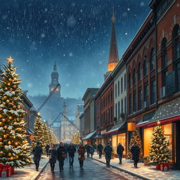 A super realistic depiction of a small city during Christmas time at night, beautifully illuminated by city lights
