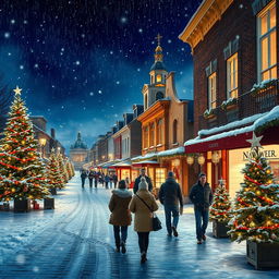 A super realistic depiction of a small city during Christmas time at night, beautifully illuminated by city lights