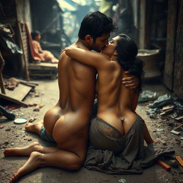 An intimate scene set on the floor of a slum, showcasing a captivating woman inspired by a famous Indian actress, portrayed as a sensual figure