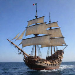 Con técnica al lápiz, hacer un galeón Español de madera altamente detallado, con sus filas de cañones en los laterales, con varias velas desplegadas en un mar picado y tormentoso, con cielo lluviosos y con relámpagos